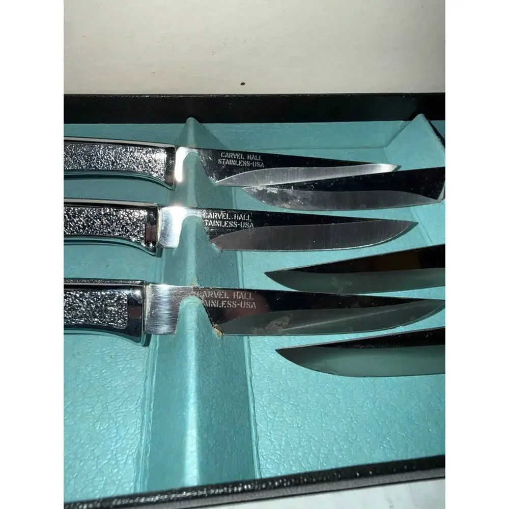 Set of 6 Carvel Hall Stainless USA Steak Knives Hammered Handle 7.75